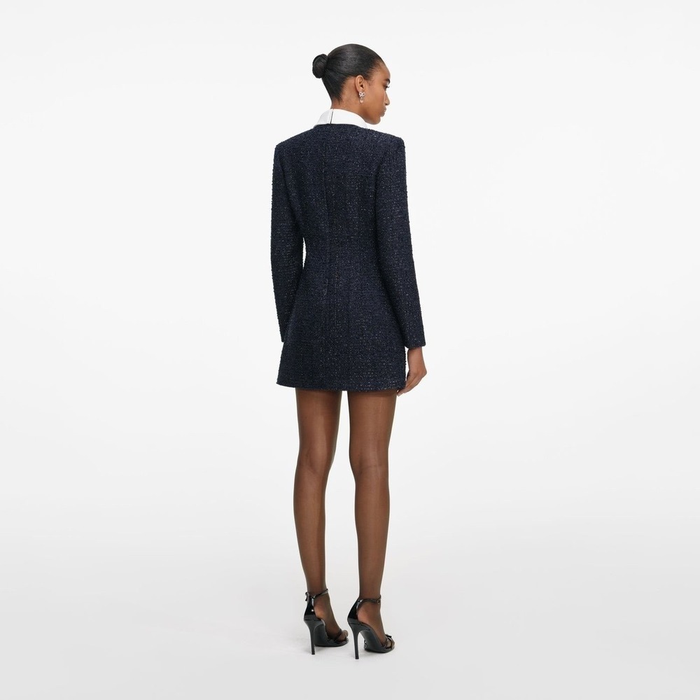 Self Portrait Navy Boucle Long Sleeve Mini Dress Pearl Buttons Size‎ US 6 NWT - Picture 4 of 10